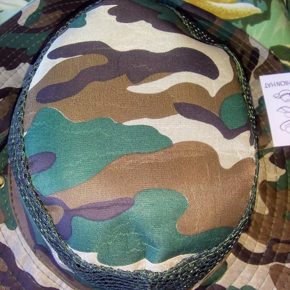 GROOVY GLAM Green Camo Boonie Bush Hat Summer Mesh Wide Brim with Drawstring - Picture 4 of 5